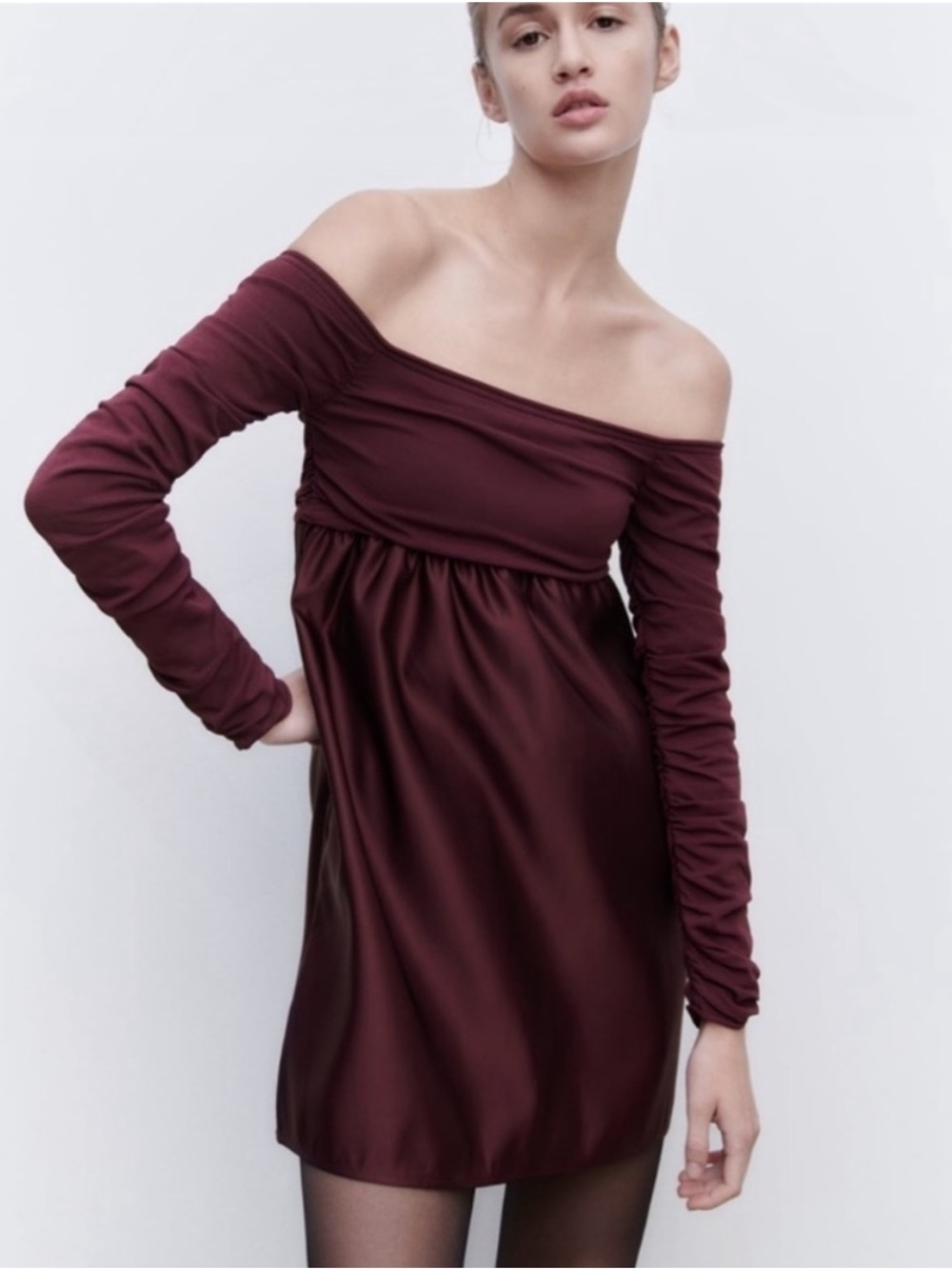 Zara One-Shoulder Long-Sleeve Mini Dress in Burgundy